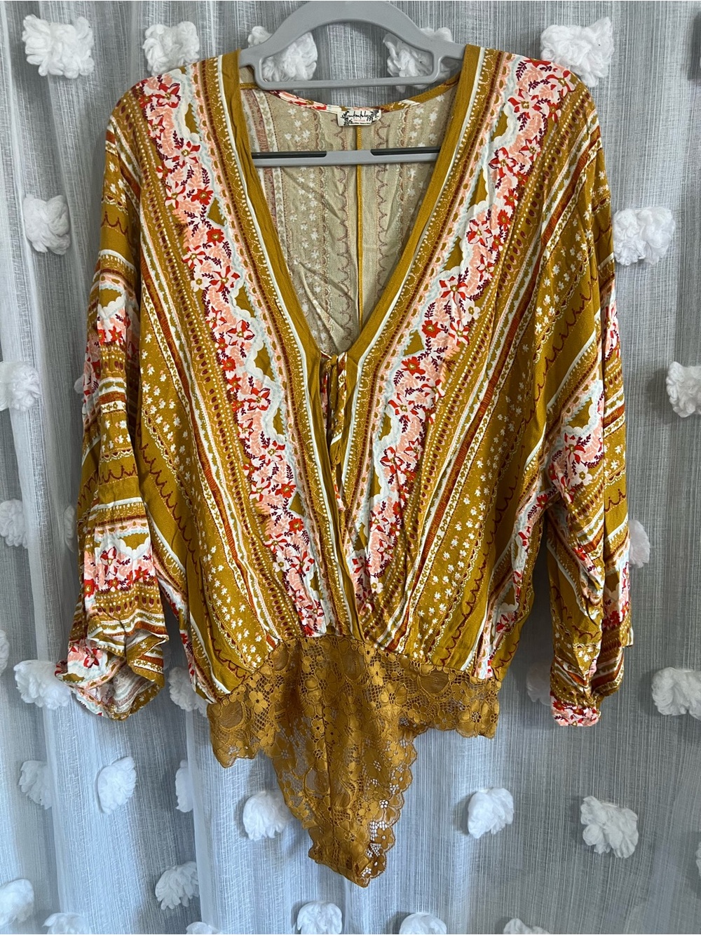 Free people intimately V-Neck Floral Stripe Lace-Trim Bodysuit - Mustard